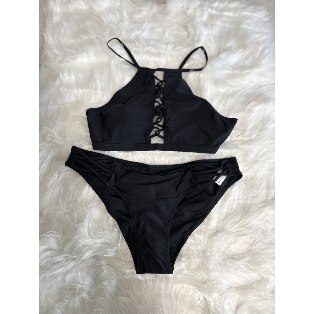 Peddney Women's Black 2 Piece Lace Swim Suit Bikini Size Medium Solid New